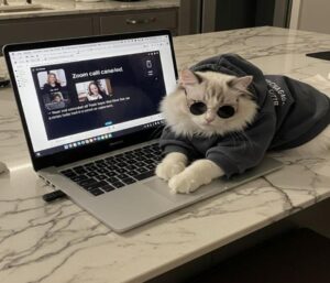 Hình con mèo ngồi máy tính đáng yêu