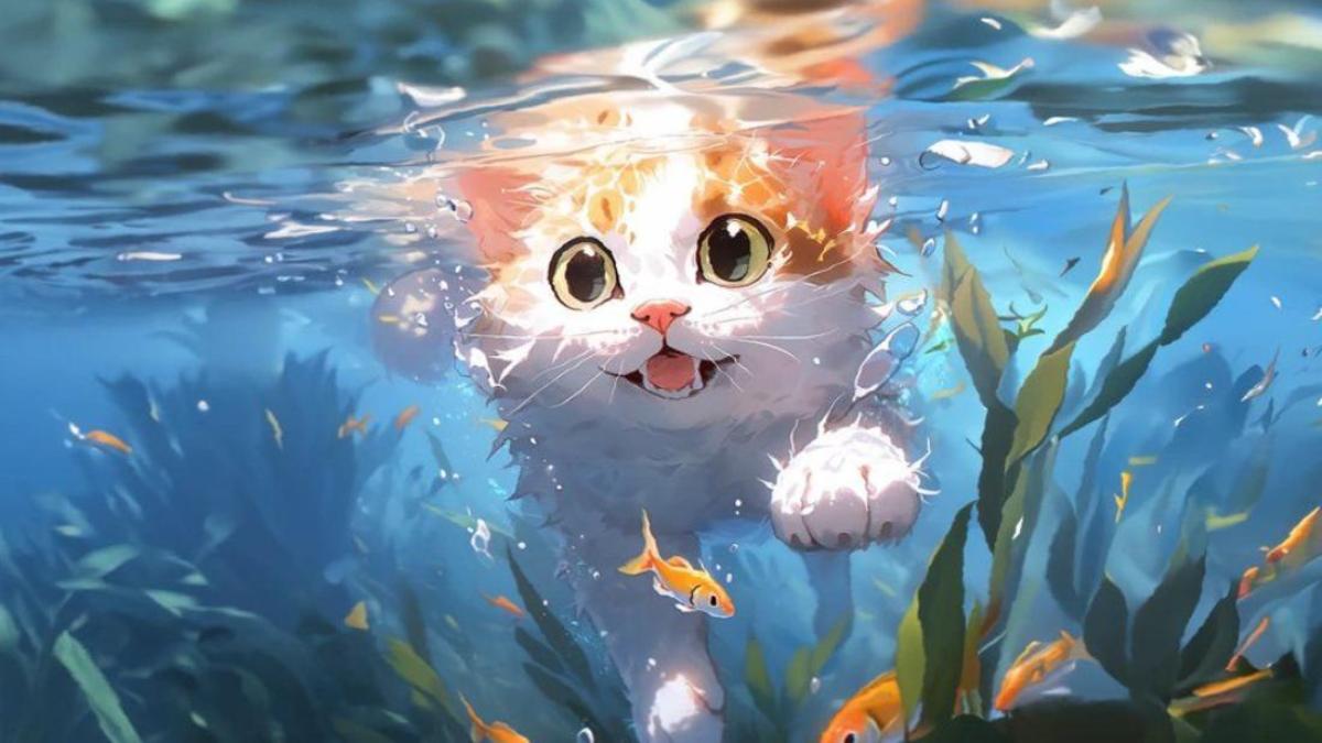 Hình nền máy tính ảnh mèo anime đáng yêu xỉu